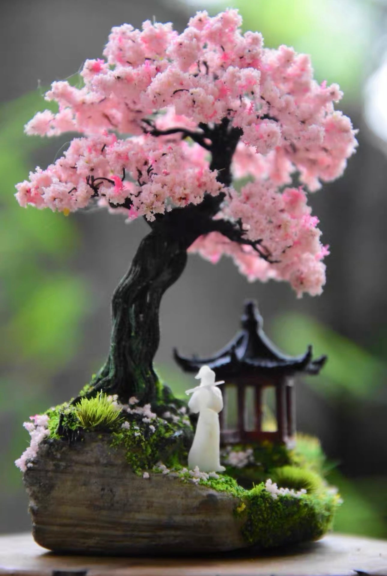 Wire Mini Bonsai/Flower Blossom Tree with 4D Printed Building(10.5*8 cm/ 4.1*3.1 inch)
