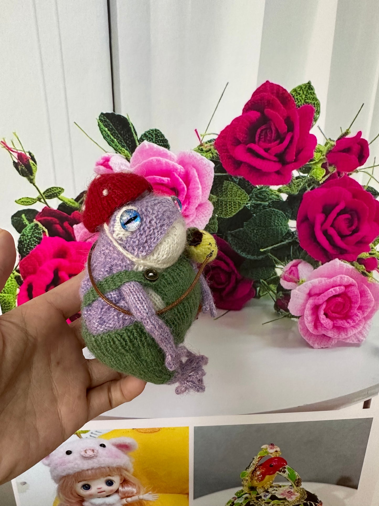 Knitted Frog with 2 Mushroom Hat+Pear bag(Wool)