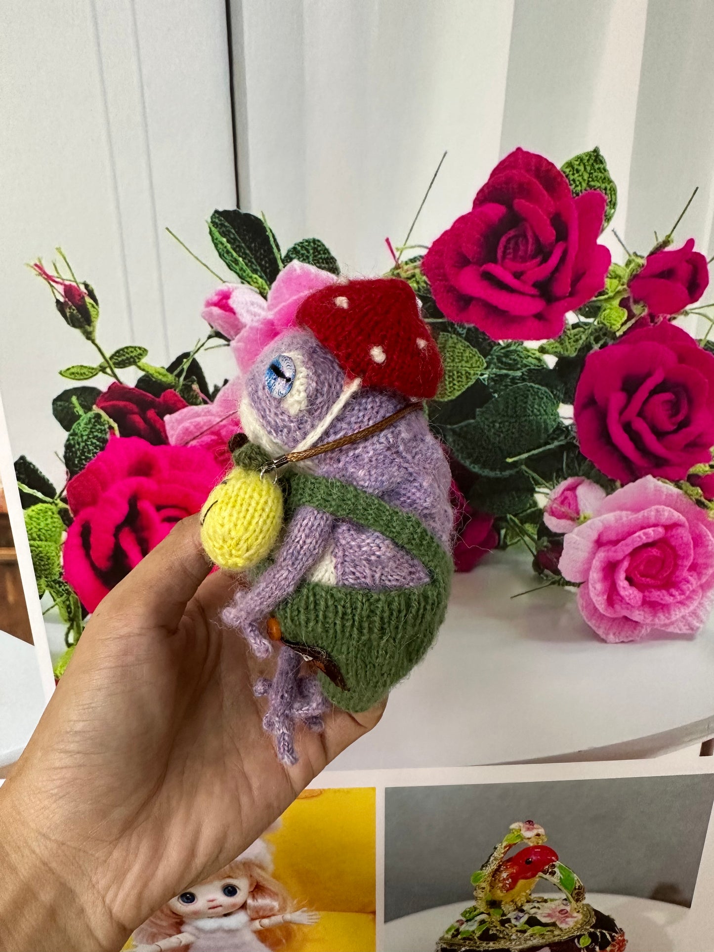 Knitted Frog with 2 Mushroom Hat+Pear bag(Wool)
