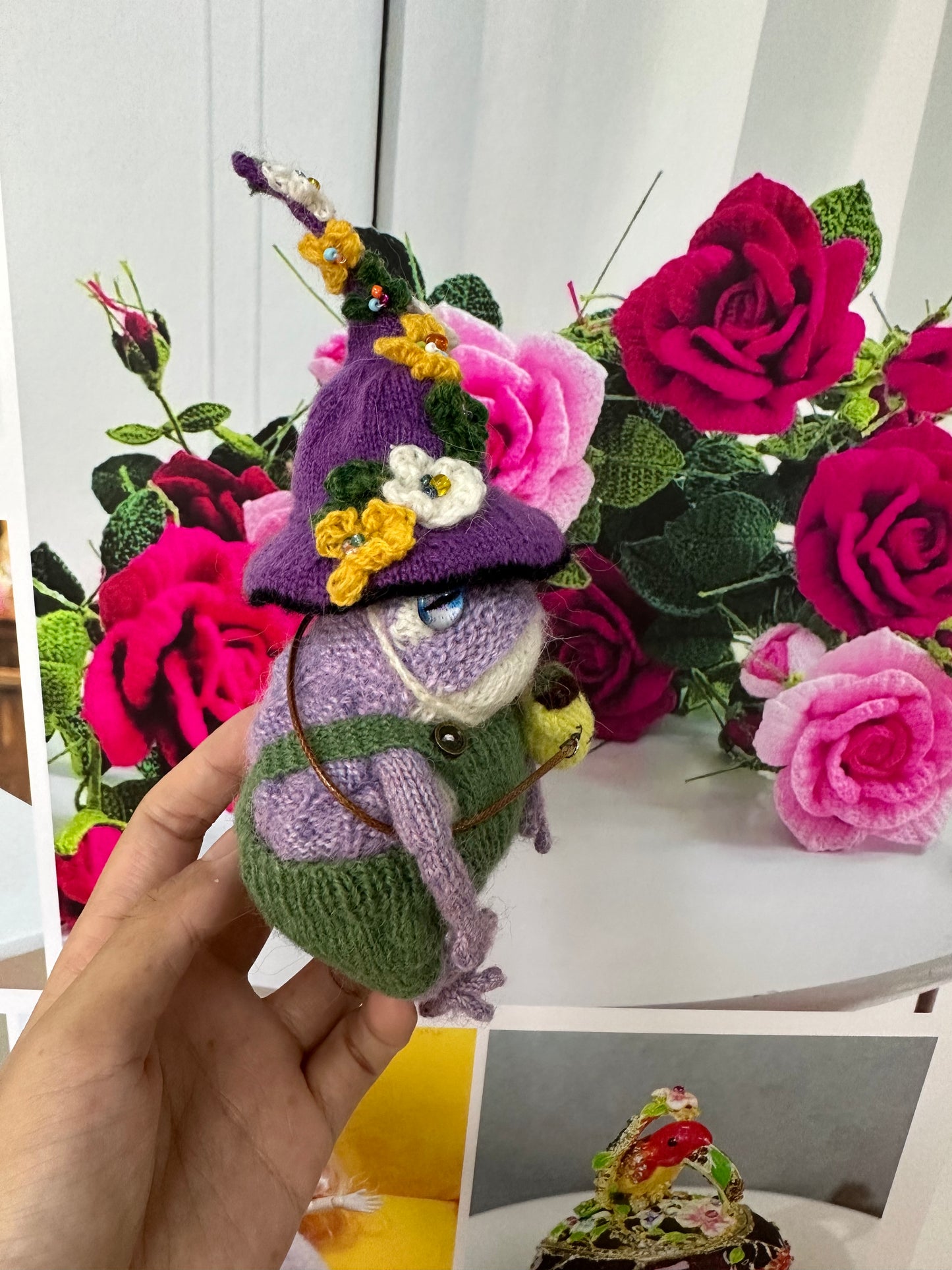 Knitted Frog with 2 Mushroom Hat+Pear bag(Wool)