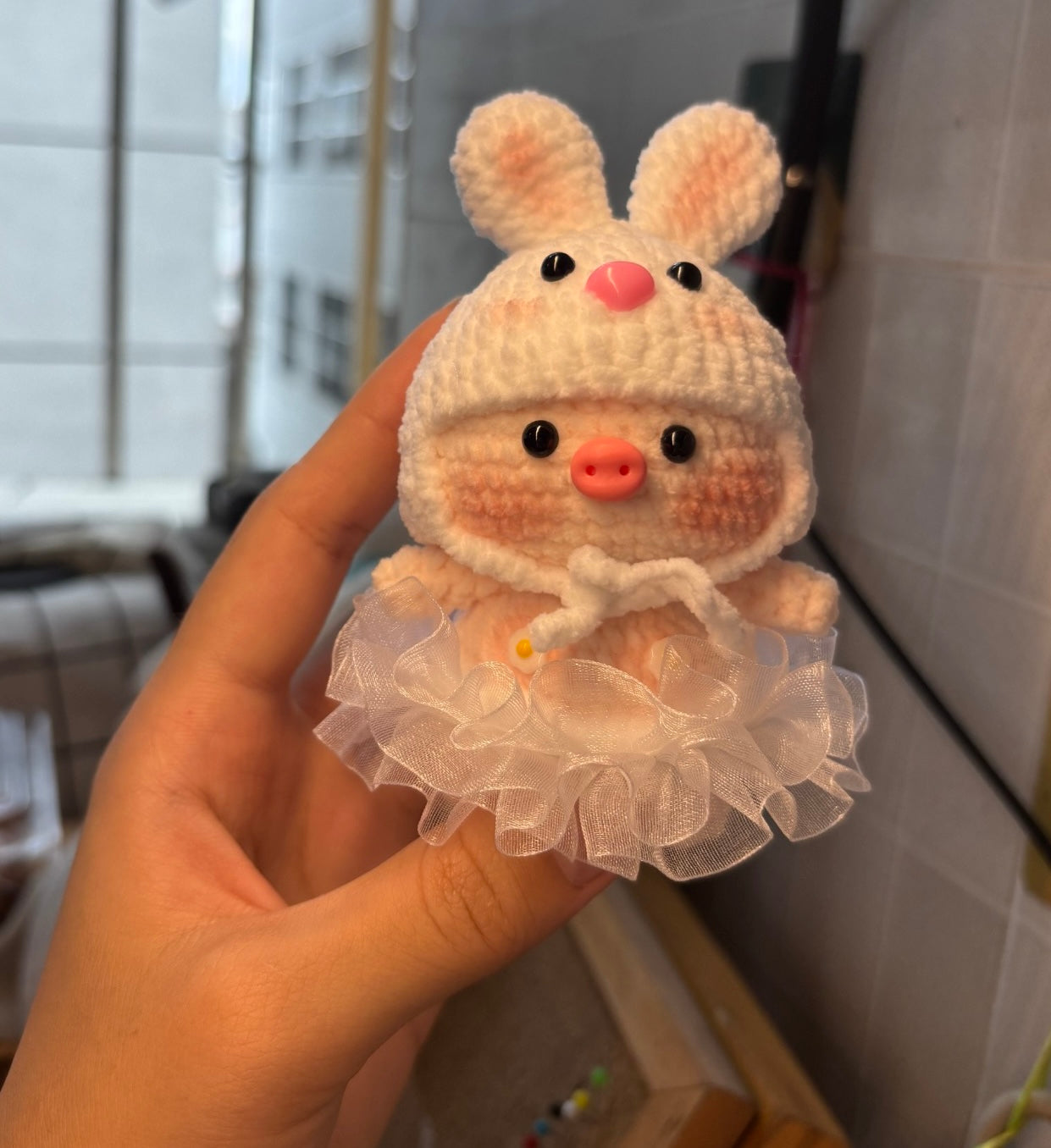 Crochet Pig with Bunny Hat(10 cm/3.9 inch)