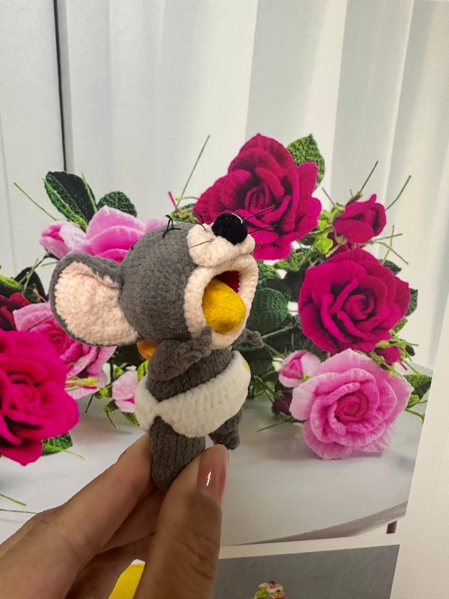 Crochet Mouse with Clay Apple+Crochet Bread/Magnetic(8 cm/3 inch)