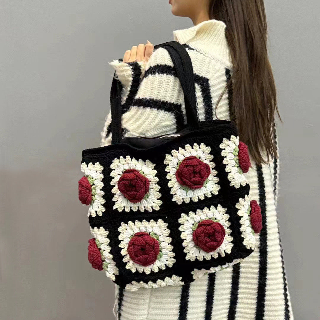 Black Shoulder Bag+ Red Camellia Flowers