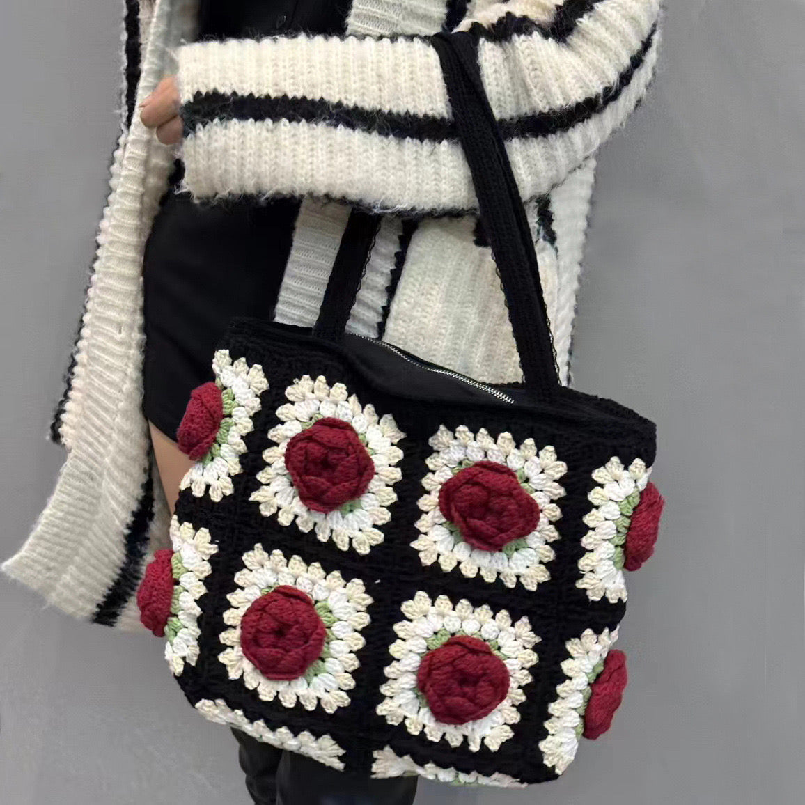 Black Shoulder Bag+ Red Camellia Flowers