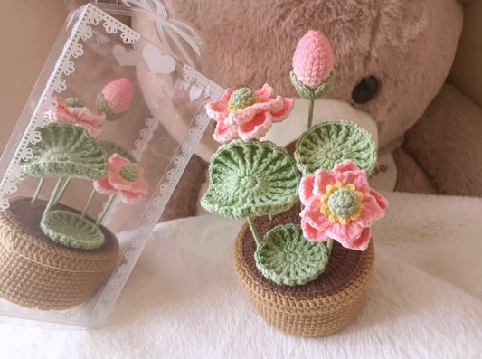 Crochet Lotus Flower with Crochet Pot(Small:12~15 cm/4.7~5.9 inch,Medium:18~20 cm/7~7.9 inch)