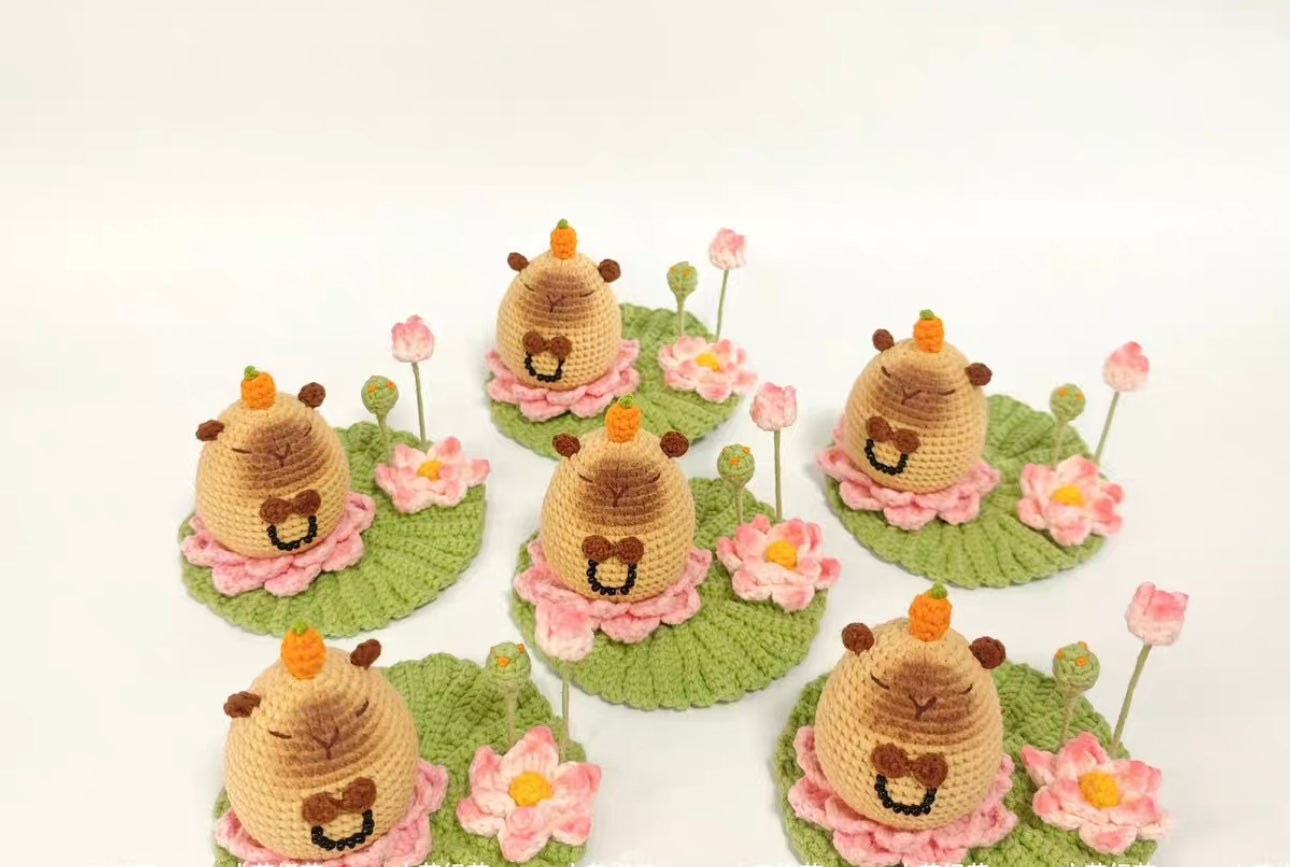 Crochet Capybara with Double Layer Lotus Flower