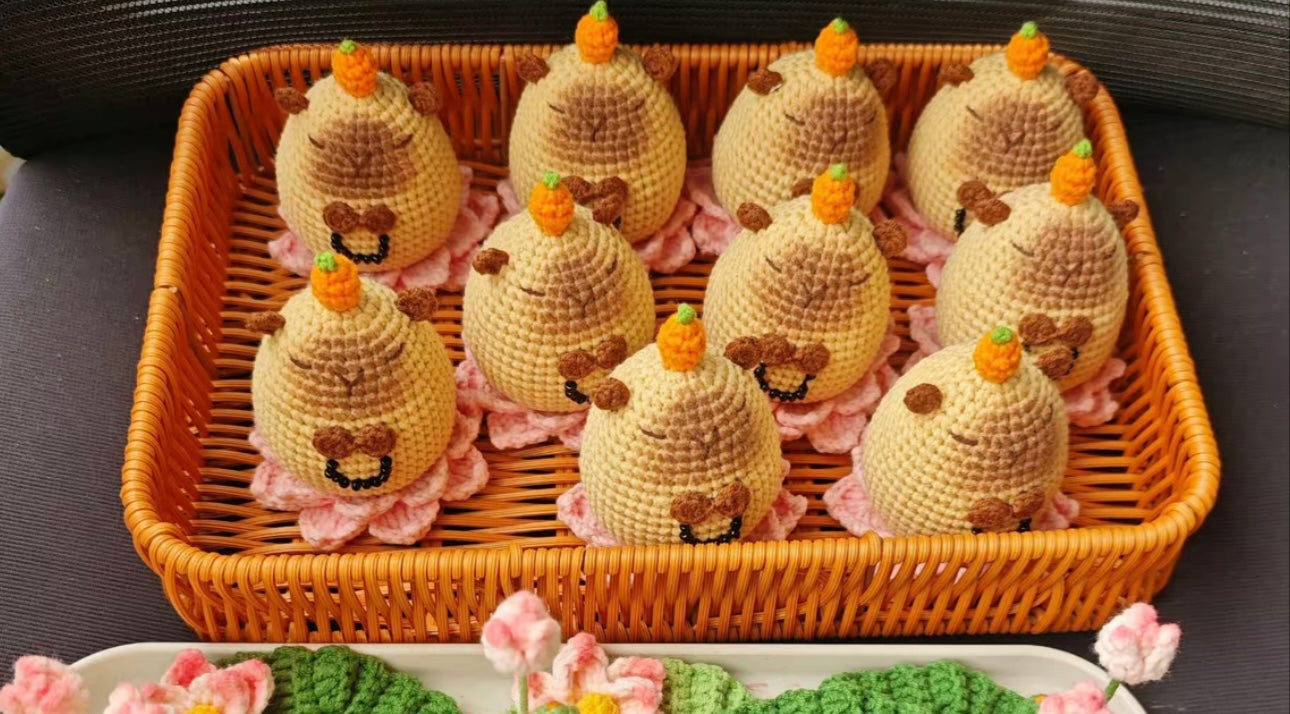 Crochet Capybara with Double Layer Lotus Flower
