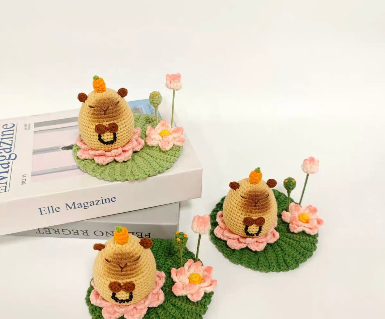 Crochet Capybara with Double Layer Lotus Flower