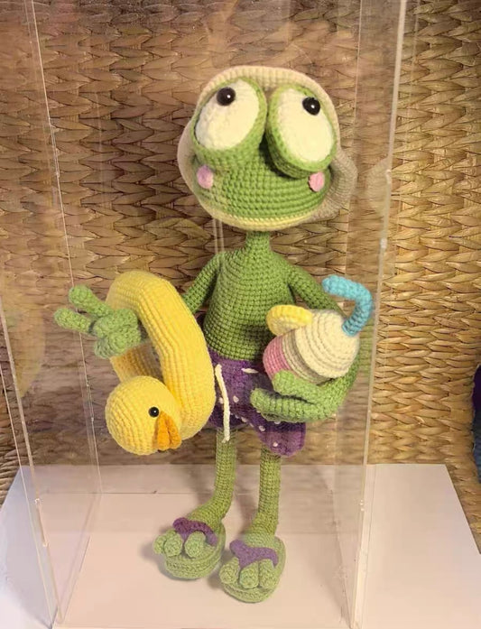 Crochet Frog with Chicken Swinging Ring+Hat+Drink Cup(28 cm/11 inch)