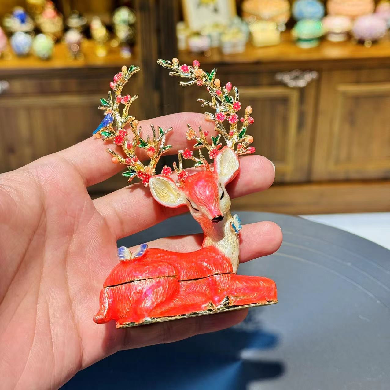 Hand Enameled Jewelry Box- Deer with Flowers(8*3.5*12 cm/3.1*1.4*4.7 inch)