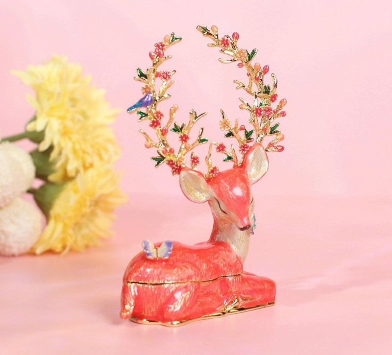 Hand Enameled Jewelry Box- Deer with Flowers(8*3.5*12 cm/3.1*1.4*4.7 inch)