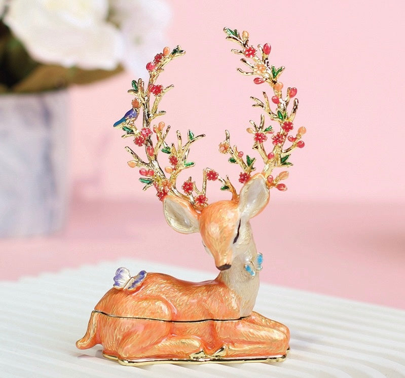 Hand Enameled Jewelry Box- Deer with Flowers(8*3.5*12 cm/3.1*1.4*4.7 inch)