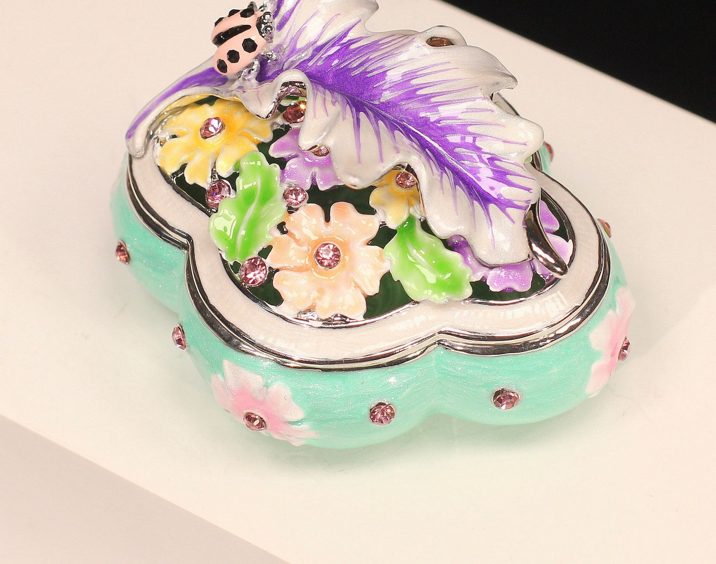 Hand Enameled Jewelry Box- Flower/Leaf/Ladybug Box(5*5*8 cm/2*2*3.1 inch;0.175 kg/6.2 oz)